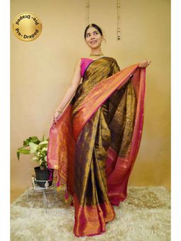 Isadora Life - Womens Woven Zari Green Pre-Draped Saree with Unstitched Blouse