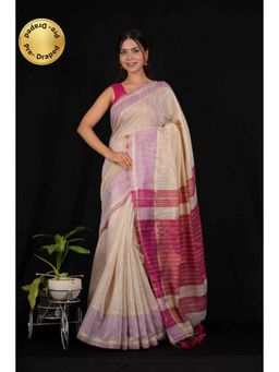 Isadora Life - Womens Woven Tassels Beige Pre-Draped Saree with Unstitched Blouse