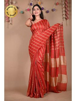 Isadora Life - Womens Striped Zari Red Pre-Draped Saree with Unstitched Blouse