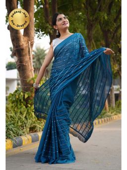 Isadora Life - Womens Mirror Work Sequined Teal Pre-Draped Saree with Unstitched Blouse