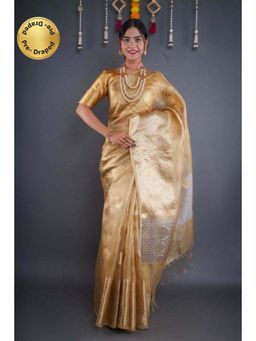 Isadora Life - Womens Woven Zari Gold Pre-Draped Saree with Unstitched Blouse