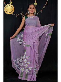 Isadora Life - Womens Floral Printed Lavender Pre-Draped Saree with Unstitched Blouse