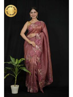 Isadora Life - Womens Floral Embroidered Brown Pre-Draped Saree with Unstitched Blouse