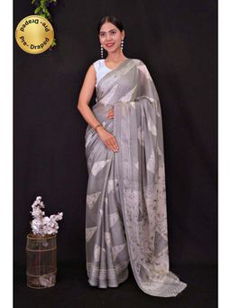 Isadora Life - Womens Printed Grey Pre-Draped Saree with Unstitched Blouse
