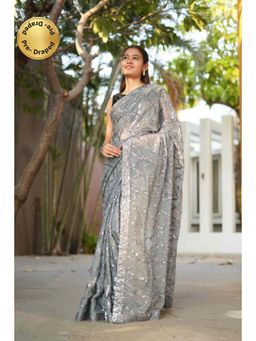 Isadora Life - Womens Sequined Embroidered Grey Pre-Draped Saree with Unstitched Blouse