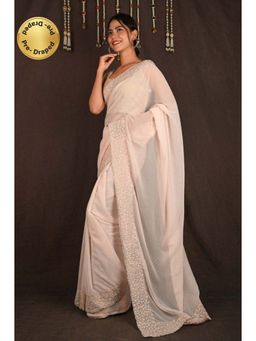 Isadora Life - Womens Sequined Embroidered Beige Pre-Draped Saree with Unstitched Blouse