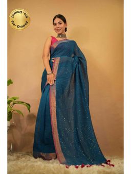 Isadora Life - Womens Tassels Sequined Blue Pre-Draped Saree with Unstitched Blouse