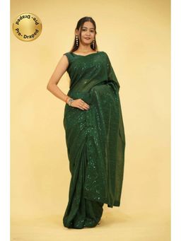 Isadora Life - Womens Sequined Green Pre-Draped Saree with Unstitched Blouse