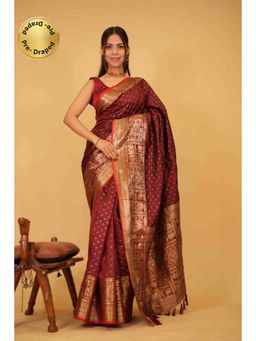 Isadora Life - Womens Woven Zari Red Pre-Draped Saree with Unstitched Blouse
