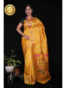 Isadora Life - Womens Woven Zari Yellow Pre-Draped Saree with Unstitched Blouse