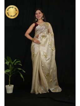 Isadora Life - Womens Sequined Ivory Pre-Draped Saree with Unstitched Blouse