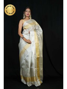 Isadora Life - Womens Woven Zari Off White Pre-Draped Saree with Unstitched Blouse