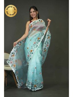 Isadora Life - Womens Floral Embroidered Blue Pre-Draped Saree with Unstitched Blouse