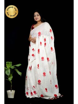 Isadora Life - Womens Printed Tassels White Pre-Draped Saree with Unstitched Blouse