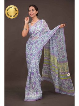 Isadora Life - Womens Floral Printed Lavender Pre-Draped Saree with Unstitched Blouse