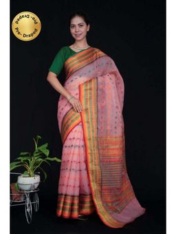Isadora Life - Womens Woven Zari Pink Pre-Draped Saree with Unstitched Blouse