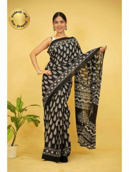 Isadora Life - Womens Printed Black Pre-Draped Saree with Unstitched Blouse