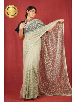 Isadora Life - Womens Sequined Embroidered Green Pre-Draped Saree with Unstitched Blouse