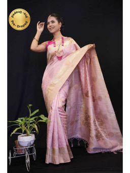Isadora Life - Womens Woven Zari Pink Pre-Draped Saree with Unstitched Blouse