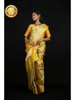 Isadora Life - Womens Woven Zari Yellow Pre-Draped Saree with Unstitched Blouse