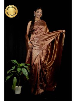 Isadora Life - Womens Woven Zari Brown Pre-Draped Saree with Unstitched Blouse
