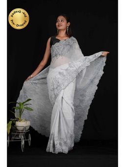 Isadora Life - Womens Embroidered Thread Work White Pre-Draped Saree with Unstitched Blouse