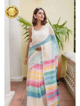 Isadora Life - Womens Stripes Printed Multi-Color Pre-Draped Saree with Unstitched Blouse