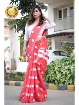Isadora Life - Womens Polka Dots Printed Red Pre-Draped Saree with Unstitched Blouse