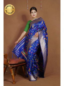 Isadora Life - Womens Floral Tassels Blue Pre-Draped Saree with Unstitched Blouse