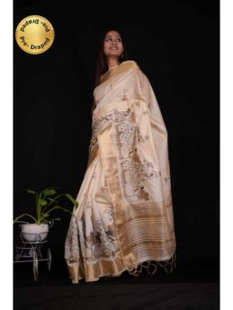 Isadora Life - Womens Embroidered Tassels Beige Pre-Draped Saree with Unstitched Blouse