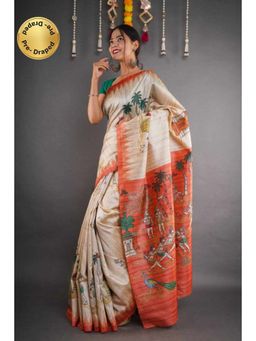 Isadora Life - Womens Printed Beige Pre-Draped Saree with Unstitched Blouse