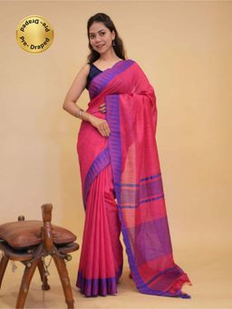 Isadora Life - Womens Woven Tassels Pink Pre-Draped Saree with Unstitched Blouse