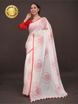 Isadora Life - Womens Floral Tassels White Pre-Draped Saree with Unstitched Blouse