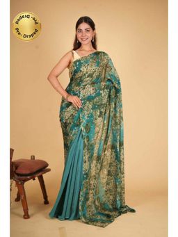 Isadora Life - Womens Floral Printed Green Pre-Draped Saree with Unstitched Blouse