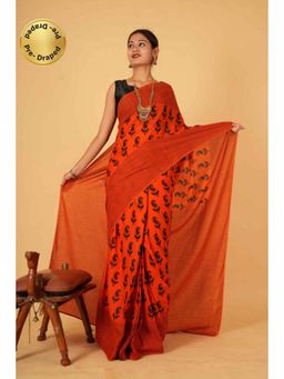 Isadora Life - Womens Paisley Printed Orange Pre-Draped Saree with Unstitched Blouse