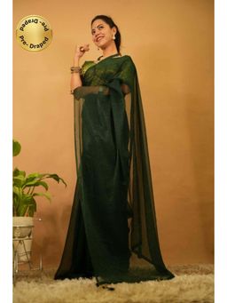 Isadora Life - Womens Solid Green Pre-Draped Saree with Unstitched Blouse
