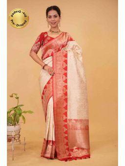 Isadora Life - Womens Woven Zari Ivory Pre-Draped Saree with Unstitched Blouse