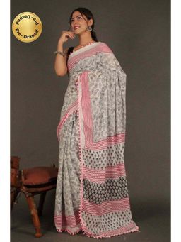 Isadora Life - Womens Printed Tassels White Pre-Draped Saree with Unstitched Blouse