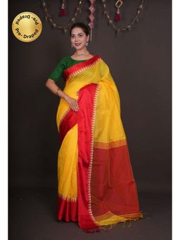 Isadora Life - Womens Solid Tassels Yellow Pre-Draped Saree with Unstitched Blouse