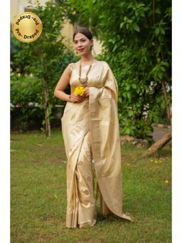 Isadora Life - Womens Woven Zari Beige Pre-Draped Saree with Unstitched Blouse