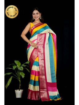 Isadora Life - Womens Stripes Tassels Multi-Color Pre-Draped Saree with Unstitched Blouse