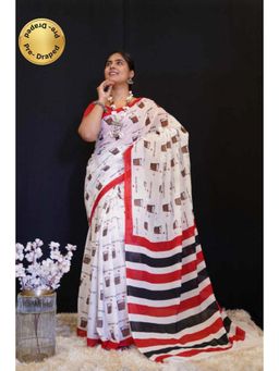 Isadora Life - Womens Printed White Pre-Draped Saree with Unstitched Blouse