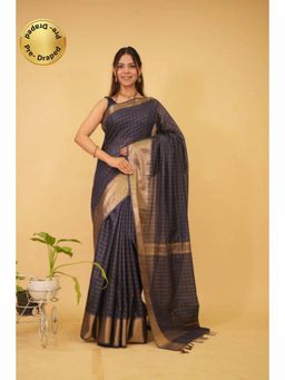 Isadora Life - Womens Checks Zari Navy Blue Pre-Draped Saree with Unstitched Blouse