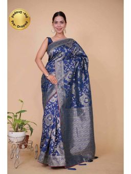 Isadora Life - Womens Printed Zari Blue Pre-Draped Saree with Unstitched Blouse
