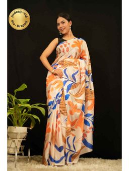 Isadora Life - Womens Printed Orange Pre-Draped Saree with Unstitched Blouse