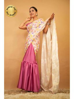 Isadora Life - Womens Floral Printed Pink Pre-Draped Saree with Unstitched Blouse