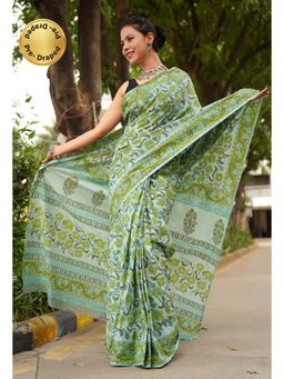 Isadora Life - Womens Floral Printed Green Pre-Draped Saree with Unstitched Blouse