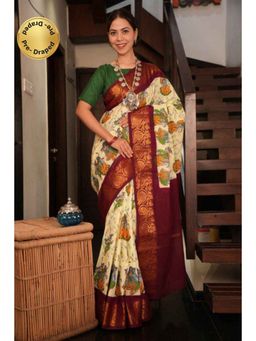 Isadora Life - Womens Floral Printed Cream Pre-Draped Saree with Unstitched Blouse