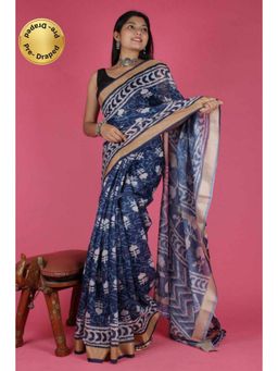 Isadora Life - Womens Printed Blue Pre-Draped Saree with Unstitched Blouse