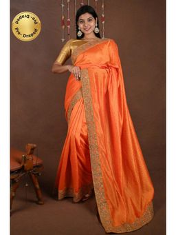 Isadora Life - Womens Sequined Embroidered Orange Pre-Draped Saree with Unstitched Blouse
